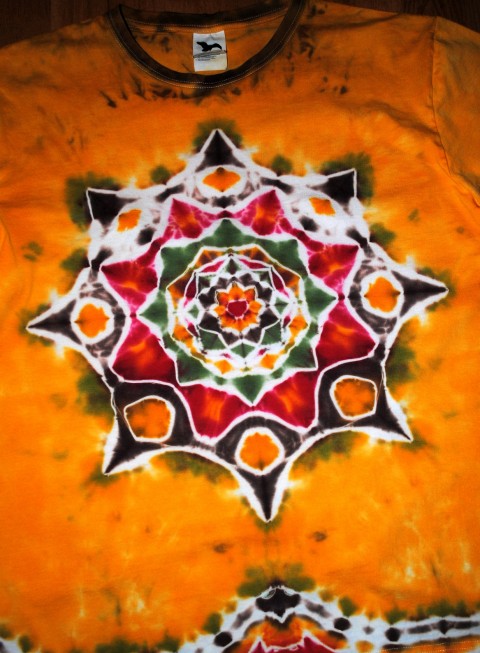 Batik.tričko XL - Podzim v lese oranžová batika žlutá léto lesní les mandala okrová hippie batikované boho 