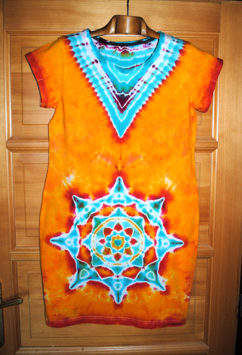 Batikované šaty M - Zářivé léto moře oranžová léto mandala hippie batikované bohémské 