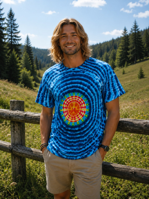 Batik. tričko XL - Slunce ve vlnách voda moře modrá nebe léto slunce obloha hippie boho 