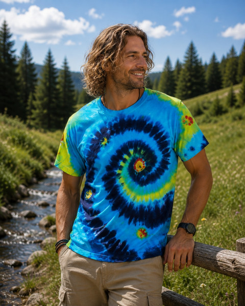 Batikované tričko L - Letím... moře modrá léto spirála vesmír hippie batikované bohémské 