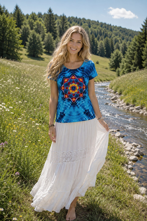 Batik. tričko v. 38 - Poklad na dně moře modrá léto mandala hippie batikované bohémské 