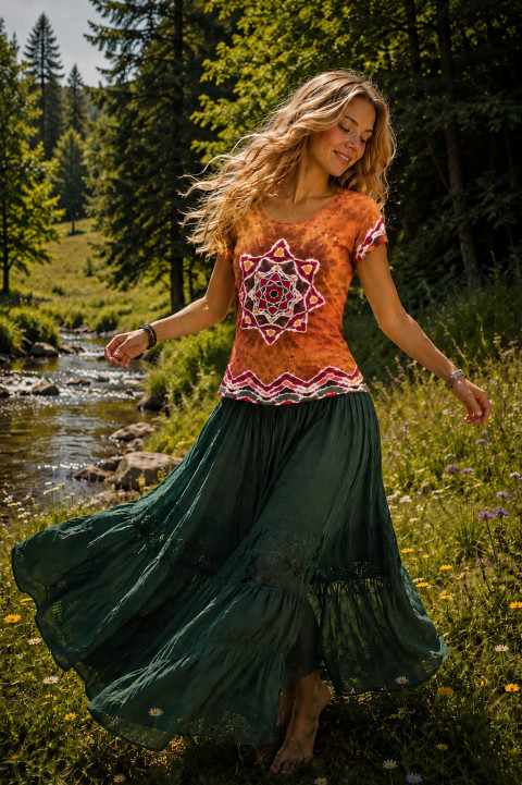 Batik. tričko M - V zemi Indiánů oranžová batika léto mandala okrová hippies země batikované 