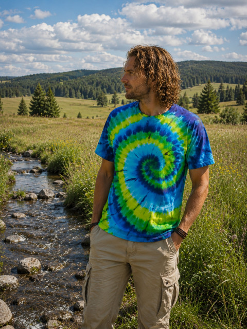 Batik. tričko 2XL -Rozzářený vesmír moře zelená modrá žlutá léto spirála tričko vesmír hippie batikované bohémské 