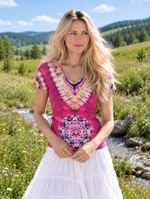 Batikované tričko M/L - Růžový sen růžová romantické léto mandala hippie batikované bohémské 