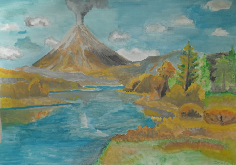 Pod sopkou voda obraz malba příroda přírodní krajina barevný jezero sopka umění akvarel 