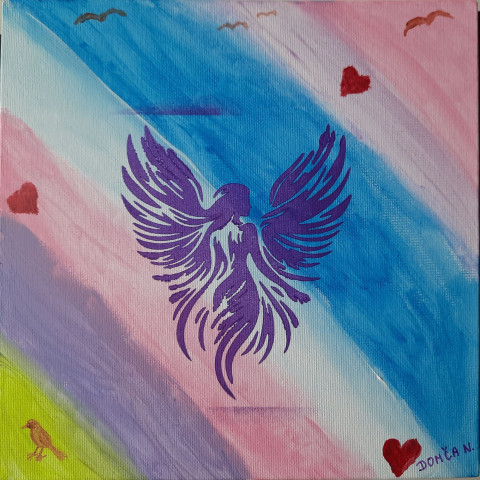 Andělský pozdrav srdce obraz pták malba srdíčko akryl anděl andílek barevný duha fantasy ptáci plátno umění duchovní 