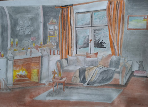Teplo domova domov tužka zima obraz vánoce malba interiér zimní kresba nábytek umění domácí pohodlí obývák doma příjemný teplo teplý pohodlný akvarel krb pohovka tužkou akvarelem 