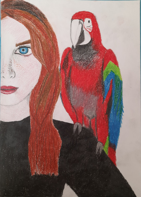 S papouškem na rameni obrazy zvíře obraz pták rameno žena papoušek barevný kresba hravý umění obličej kresby 