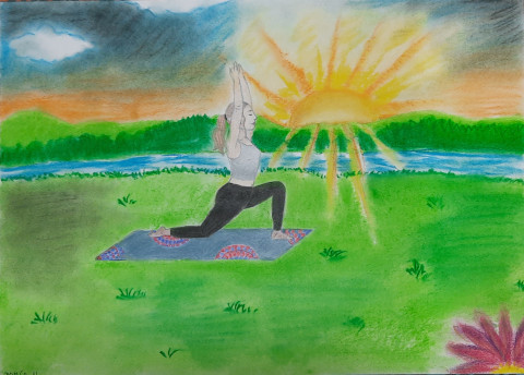 Jóga při východu Slunce obraz příroda obrázek barvy nebe slunce barevný kresba obloha východ romantický hravý umění duchovní jóga cvičení pastelky optimistický optimismus křídy křída tuha jogínka 