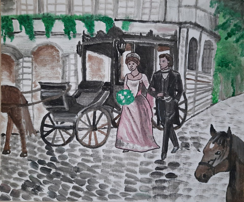 V dávných dobách obraz kůň malba láska žena akryl plátno romantický muž historie umění dvojice historický pár akrylový kočár pamětní pamětník dějiny 