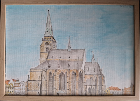 Plzeň - Katedrála sv. Bartoloměje tužka architektura obraz malba obrázek město budova historie umění památka historický katedrála akvarel domy gotika gotický budovy památky plzeň náměstí plzeňská 
