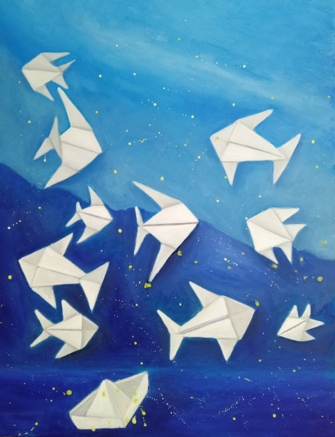 Rybičkové souhvězdí voda origami obraz plovoucí malba lodička nebe hvězdy vzduch plátno vesmír rybičky skvrny 
