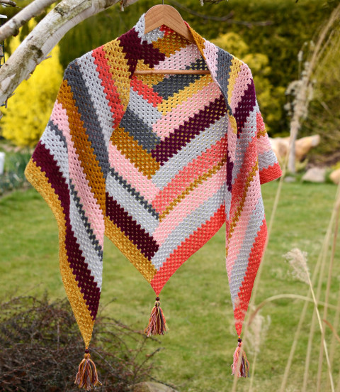 Háčkovaný šátek - barevná geometrie originální velký přehoz bavlna háčkovaný extravagantní pestrý veselý šátek pléd geometrie bavlněný handmade ruční práce origoš 