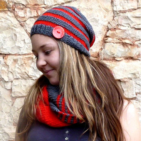 Pletená čepice - červené pruhy čepice jarní dívčí pletení sportovní pruhovaná pruhy pletená podzimní lehká čapka hučka studentka 