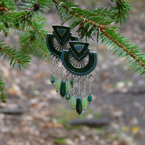 Náušnice - lesní ticho dárek náušnice příroda zelené lesní dlouhé les nápadné velké ticho odlesky pohádkové pozornost řetízkové broušené korálky houbaření 