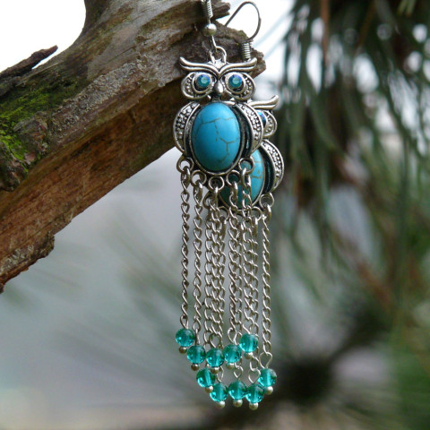 Náušnice - sovy se třpytivýma očima kamínky náušnice modré sova lesní dlouhé originál les kabošon ticho tyrkenit procházka třpytivé handmade sovy sovičky řetízkové moudrost sýček 