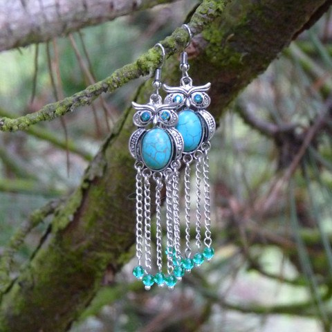 Náušnice - sovy se třpytivýma očima kamínky náušnice modré sova lesní dlouhé originál les kabošon ticho tyrkenit procházka třpytivé handmade sovy sovičky řetízkové moudrost sýček 