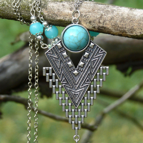 Dlouhý náhrdelník - tyrkys náhrdelník modrý originální elegantní řetízek originál dlouhý kabošon tyrkenit střapec vodní handmade nebeský indiánské léto řetízkový 