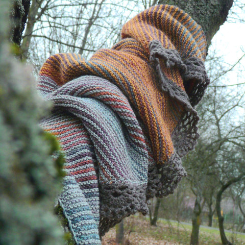 Pletený šátek - uschlé listí hnědý originální pletený pletení skořice šáteček krajka šedý šátek originál jedinečný handmade stylový atraktivní vroubkovaný uschlé listí 