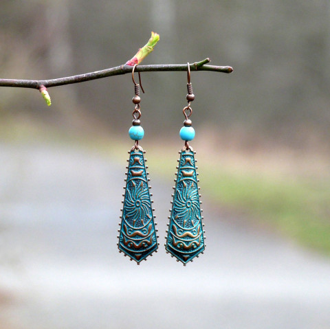 Náušnice - kravata s tyrkenitem originální náušnice vintage extravagantní starobylé nápadné delší tyrkenit handmade zubaté 