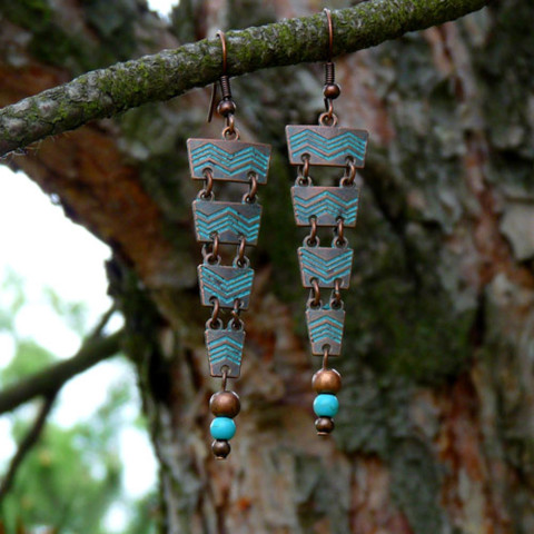 Náušnice - lesní potůčky (tyrkenit) náušnice vintage extravagantní lesní originál delší handmade ryté špičaté pramínek potůček destičky potůčky 