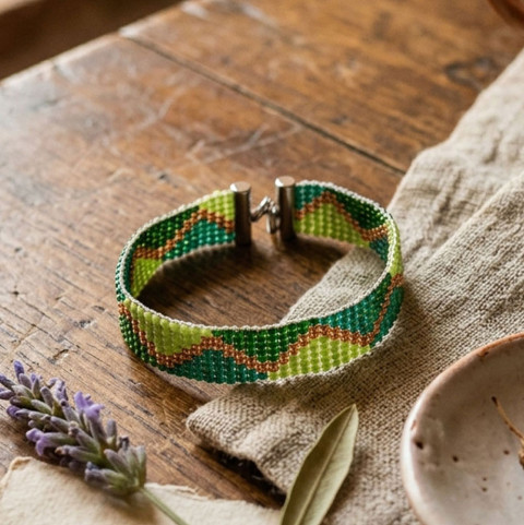 Náramek - paví píseň náramek zelená modrá šití přírodní šité šitý miyuki rokajl paví romantický páv handmade cikcak atraktivní širší 