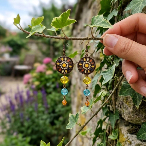 Náušnice sluníčkové pestrobarevné originální náušnice barevné dívčí letní léto extravagantní slunce sluníčko originál mozaika odlesky mandala handmade sluníčkové broušené korálky neposedné mozaikové mandalové 