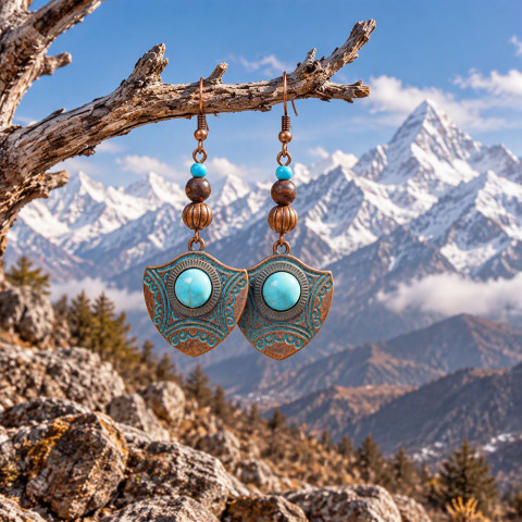 Náušnice - z Tibetu originální náušnice dívčí vintage extravagantní etno originál cestování starobylé kabošon tyrkenit měděné ethno vzpomínky tygří oko tibet indiánské léto etnické 