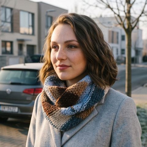 Pletený nákrčník - vrcholky hor sníh modrá pletený hnědá zimní barevný podzimní nákrčník petrolejová jinovatka handmade 2 otočky hráškový vzor 