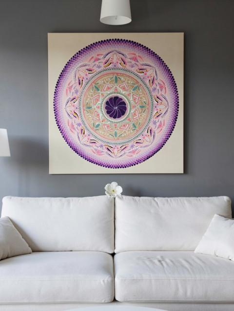 Fialový potrál  intuice růžová levandulová meditace originál mandala umění handmade ruční práce bytový doplněk harmonie duchovní obraz intuice dekorace na zeď dárek pro ženu feng shui tečkovaná mandala dot painting obraz na plátno fialová mandala třpytivá mandala česká tvorba 