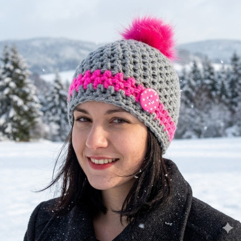Čepice šedá/růžová zima růžová čepice háčkovaná dívčí šedá dámská zimní bambule handmade hřejivá hučka pro ženy dívky teens 