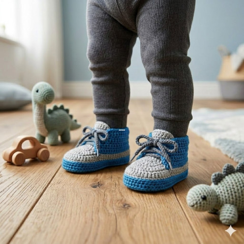 Tenisky děti modrá klučičí šedá miminko háčkované kluk tenisky botičky handmade capáčky kecky 