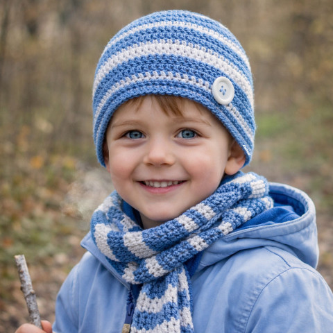 Čepička děti modrá háčkovaná jarní čepička bavlna bílá klučičí jaro kluk světlemodrá handmade viskoza 