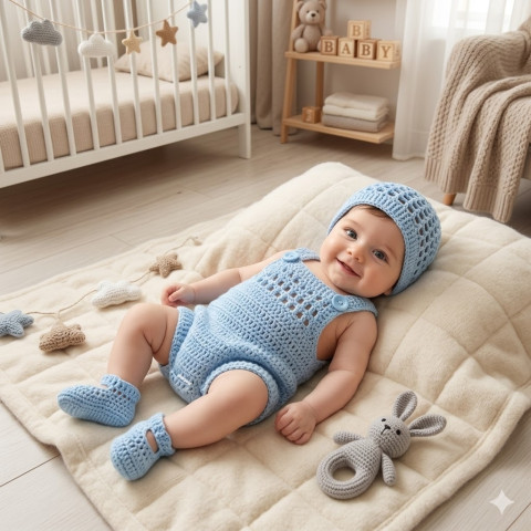 Letní - pro kluky děti čepička letní vzdušná klučičí miminko souprava léto háčkované kluk světlemodrá botičky čepka handmade set body capáčky pro kluky lehoučká bodyčko 