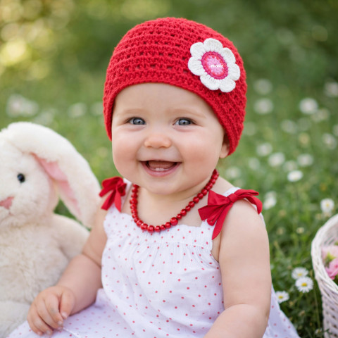 Čepička červená děti jarní čepička holčička holčičí letní vzdušná jaro miminko kytička léto kytka háčkované aplikace lehká handmade lehoučká 