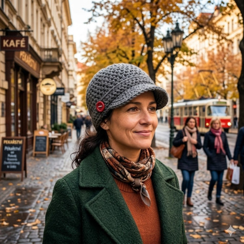 Čepka s kšiltem zima čepice háčkovaná šedá kšilt dámská zimní háčkované knoflík teplá čepka handmade kšiltovka hučka crochet beanie 