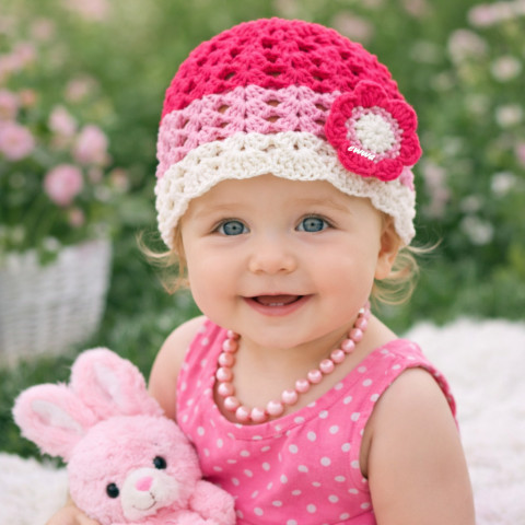 Čepička děti podzim růžová háčkovaná jarní čepička holčička holčičí jaro podzimní fuchsiová smetanová handmade 