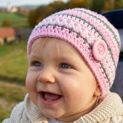 Čepička děti podzim růžová háčkovaná jarní čepička holčička holčičí bílá jaro šedá akryl podzimní handmade antipilling 