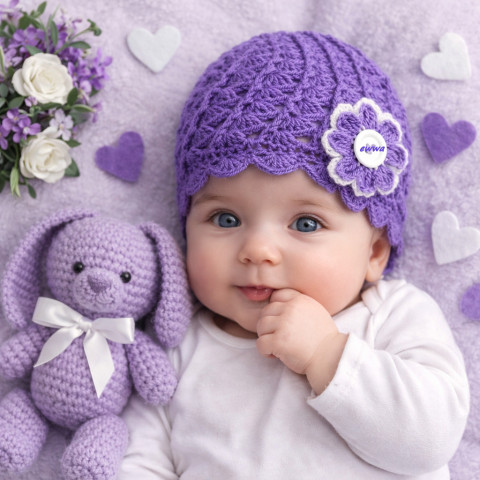 Čepička děti podzim fialová háčkovaná jarní čepička holčička holčičí bílá jaro akryl podzimní unisex handmade 