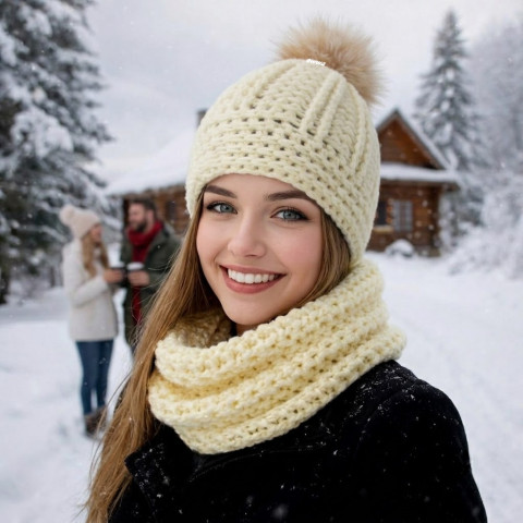Čepice + nákrčník zima čepice žlutá šála souprava zimní háčkované akryl hřejivé nákrčník teplé bambule handmade set na krk hučka debilka máslová shawl winter pompom cap světležlutá beanie 