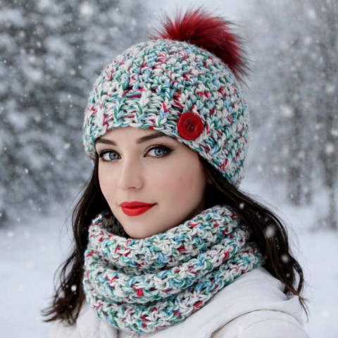 Čepice + nákrčník červená zima modrá čepice dívčí ženy šála souprava dámská zimní háčkované akryl hřejivé nákrčník teplé bambule handmade set na krk hučka crochet debilka zelená bílá shawl winter cap beanie 