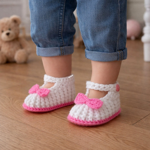 Botičky děti růžová jarní holčička holčičí bílá jaro miminko háčkované akryl botičky celoroční handmade balerínky capáčky mimi 