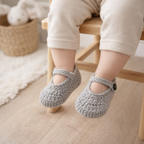 Botičky děti jarní holčička holčičí jaro šedá miminko háčkované akryl botičky unisex celoroční handmade balerínky capáčky mimi 