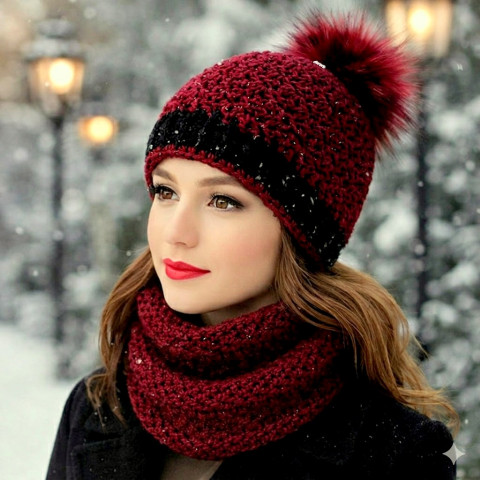 Čepice + nákrčník kulich zima čepice černá háčkování šála souprava zimní háčkované akryl vínová nákrčník kulíšek bambule set tunel crochet pompom 