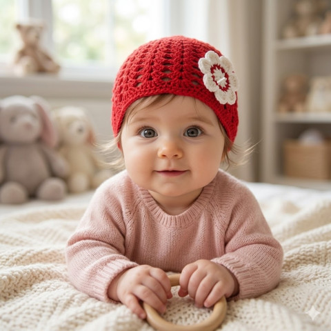 Čepička červená děti podzim háčkovaná jarní čepička holčička holčičí vzdušná bílá jaro miminko podzimní lehká handmade 