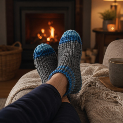 Bačkory, ťapky (26 - 28 cm) modrá papuče šedá háčkované ponožky hřejivé pružné teplé unisex domácí celoroční bačkory pro ženy obuv ťapky 
