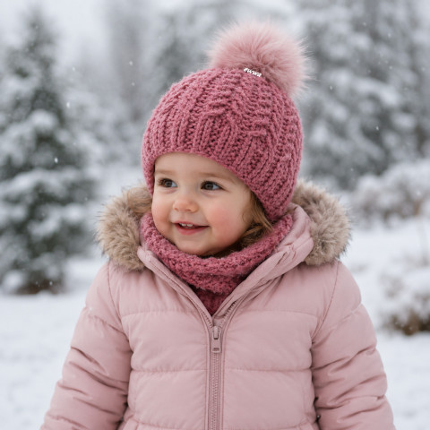 Čepička děti zima růžová čepice háčkovaná čepička holčička holčičí zimní akryl starorůžová teplá bambule handmade hřejivá 