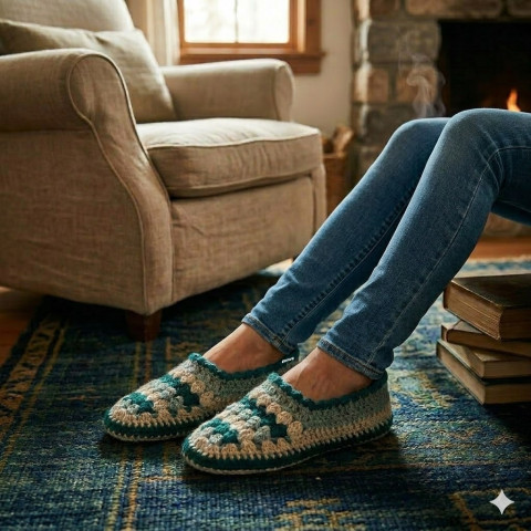 Bačkory, ťapky (25 - 28 cm) zelená béžová háčkované akryl hřejivé dámské pružné unisex handmade balerínky bačkory přezůvky pro ženy ťapky domácí obuv 