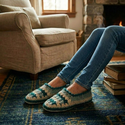 Bačkory, ťapky (25 - 28 cm) zelená béžová háčkované akryl hřejivé dámské pružné unisex handmade balerínky bačkory přezůvky pro ženy ťapky domácí obuv 