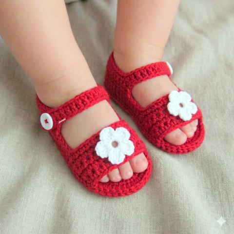 Sandálky červená děti holčička holčičí letní miminko léto háčkované holka vzdušné botičky knoflíček handmade lehoučké capáčky sandálky 